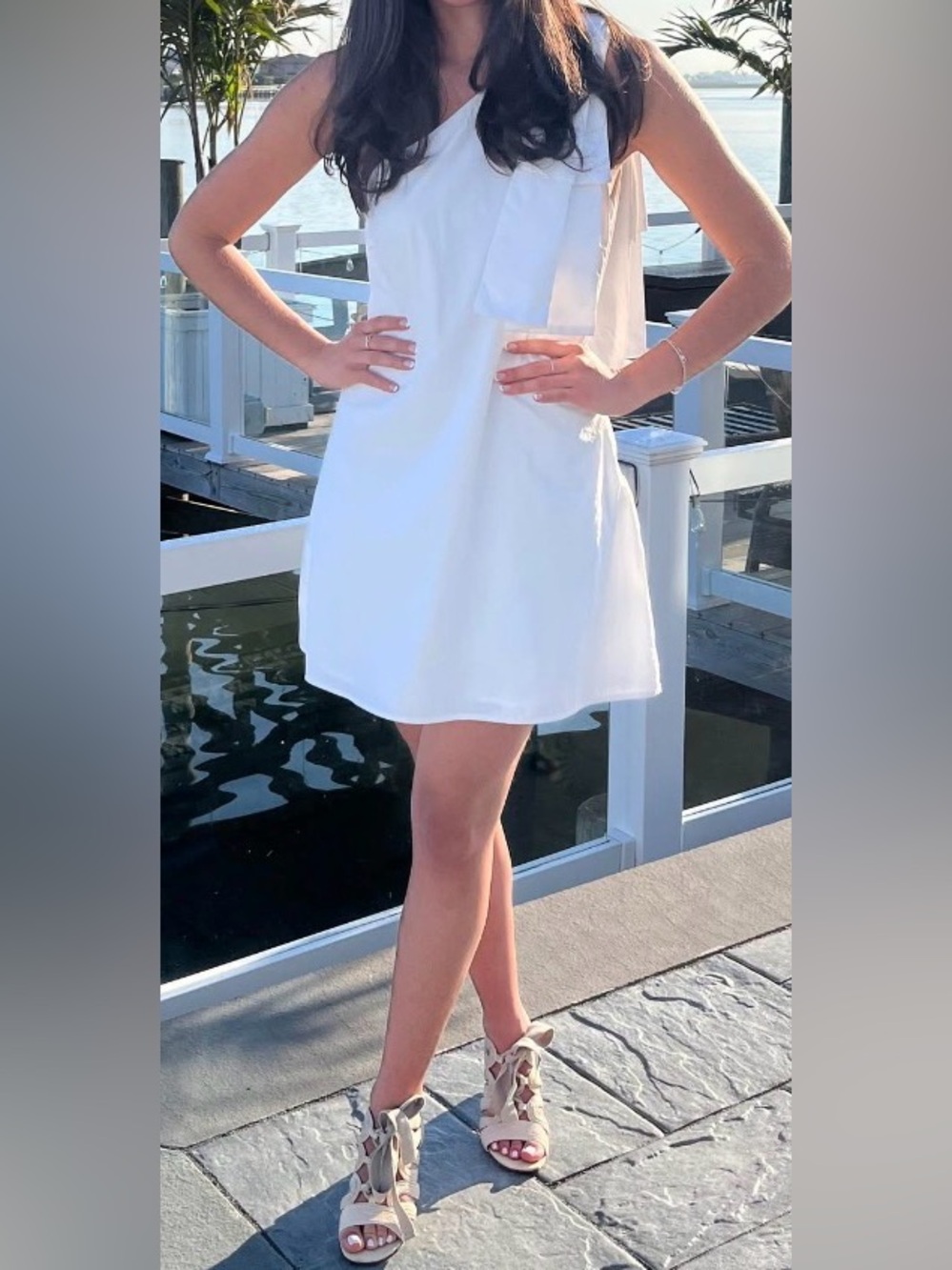 One shoulder white bow dress